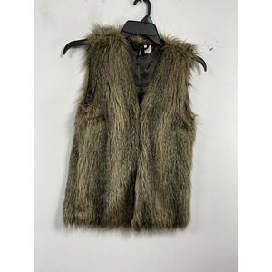 Womans Divided Faux Fur Vest Size 8 Brown Lined Open Front
